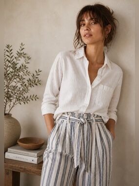 Madewell Linen Paperbag Pants Striped Tie Waist Cropped Size 4